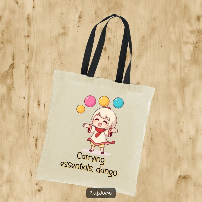 Funny tote bag featuring a character juggling three colorful dango balls, perfect for carrying belongings with style.