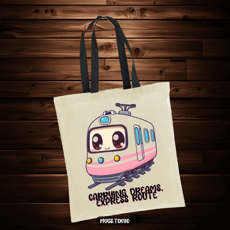 Funny Tote Bag: Character with large expressive eyes happily riding a miniature bullet train, perfect for errands or travel.