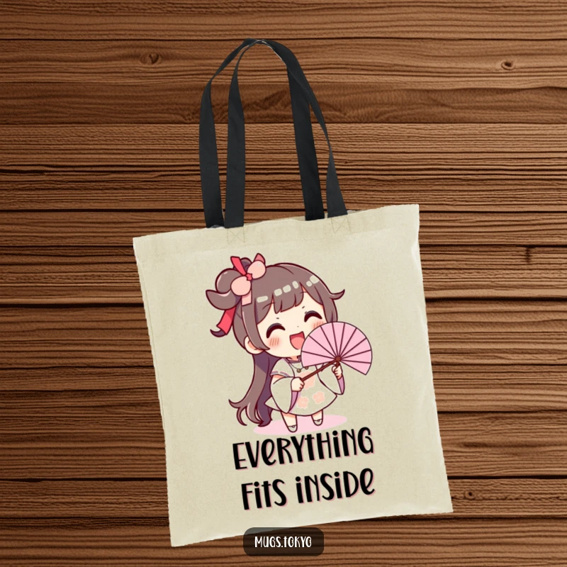 Funny tote bag featuring an excited, smiling character energetically waving a large fan, perfect for staying cool.