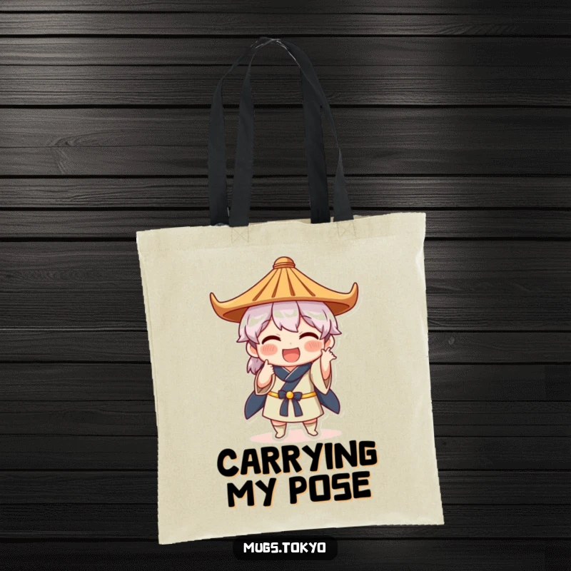 Funny tote bag illustration of a character in a Japanese hat striking a comical pose, perfect for carrying items with humor.