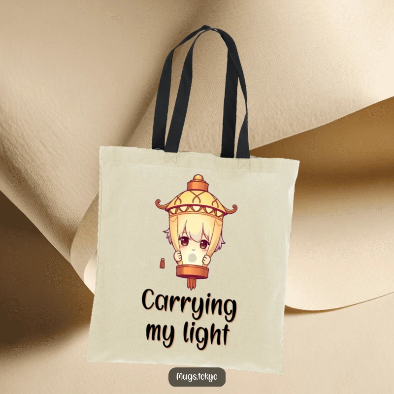 Funny Tote Bag: A character humorously peeks from behind a glowing lantern, ideal for carrying essentials with a mysterious flair.