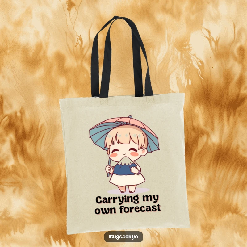 Funny tote bag featuring a character holding a miniature Mount Fuji umbrella, giggling with happiness, a cute and practical accessory.