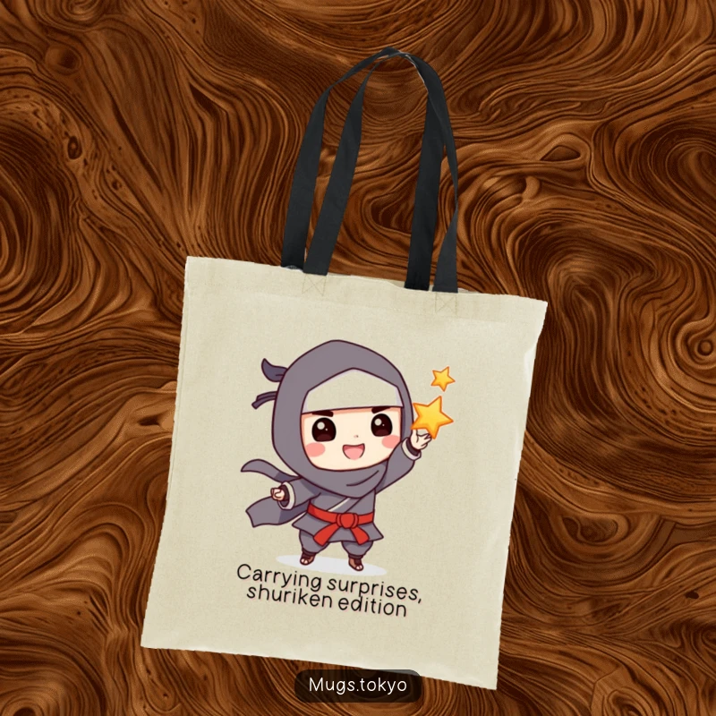 Funny Tote Bag: A grinning ninja playfully tossing a throwing star, practical for carrying items with ninja charm.