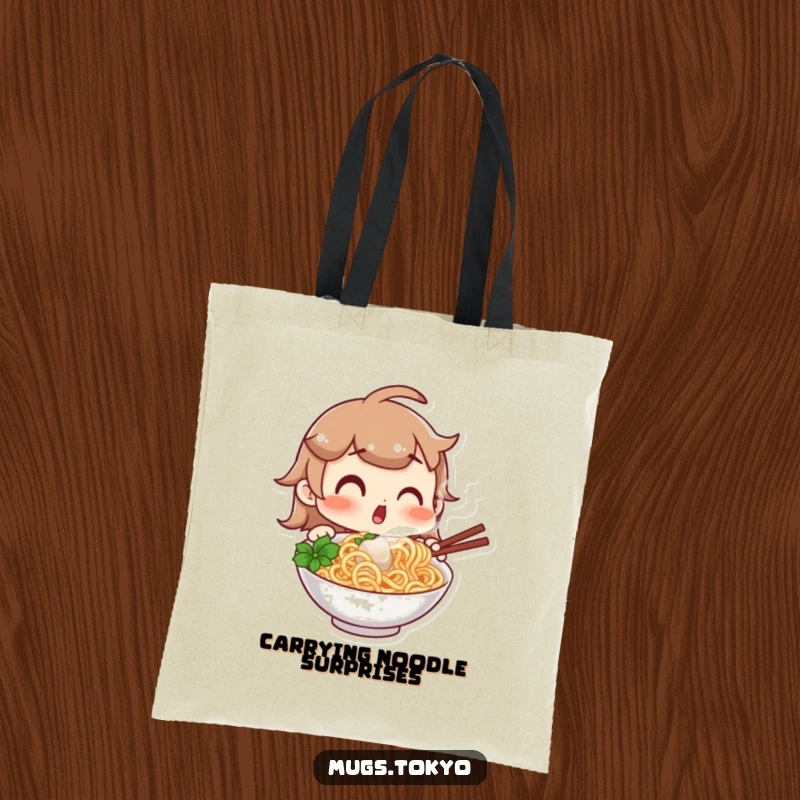 Funny tote bag featuring a character with a shocked expression looking at a steaming bowl of noodles, perfect for carrying items with a humorous nod to delicious discoveries.