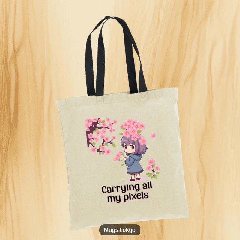 Funny Tote Bag showcasing a character captivated by a massive pixelated cherry blossom bouquet, ideal for shopping and humorous accents.