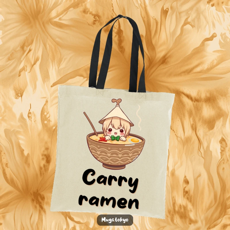Funny tote bag with a happy character in a paper hat peeking from a ramen bowl, perfect for carrying essentials and lunch.