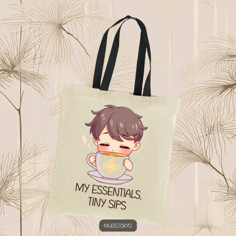 Funny tote bag showcasing a character sipping from a tiny, steaming tea cup, perfect for carrying essentials.