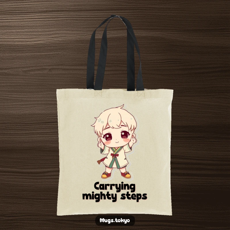 Funny character in traditional footwear striking a playful pose on a durable and humorous tote bag.