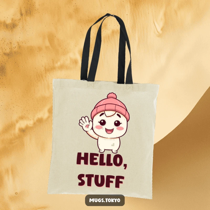 Funny tote bag with a character wearing a tiny beanie, waving hello. Practical and humorous accessory.