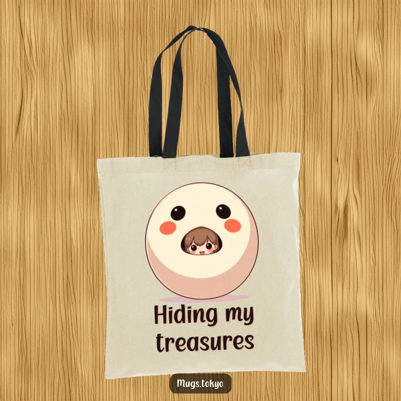Funny Tote Bag featuring a character peeking out from behind a large Daruma doll, for stylish, lucky transport.