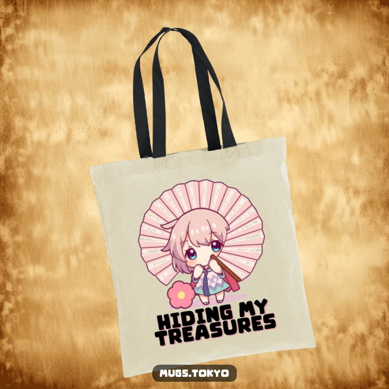 Funny tote bag showcasing a character playfully hiding behind a large fan, symbolizing a moment of shy fun and humorous concealment.