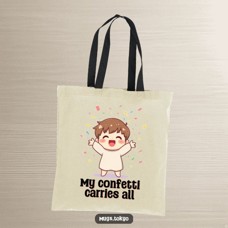 Funny tote bag with a cheerful character joyfully tossing colorful confetti, perfect for carrying party essentials with flair.