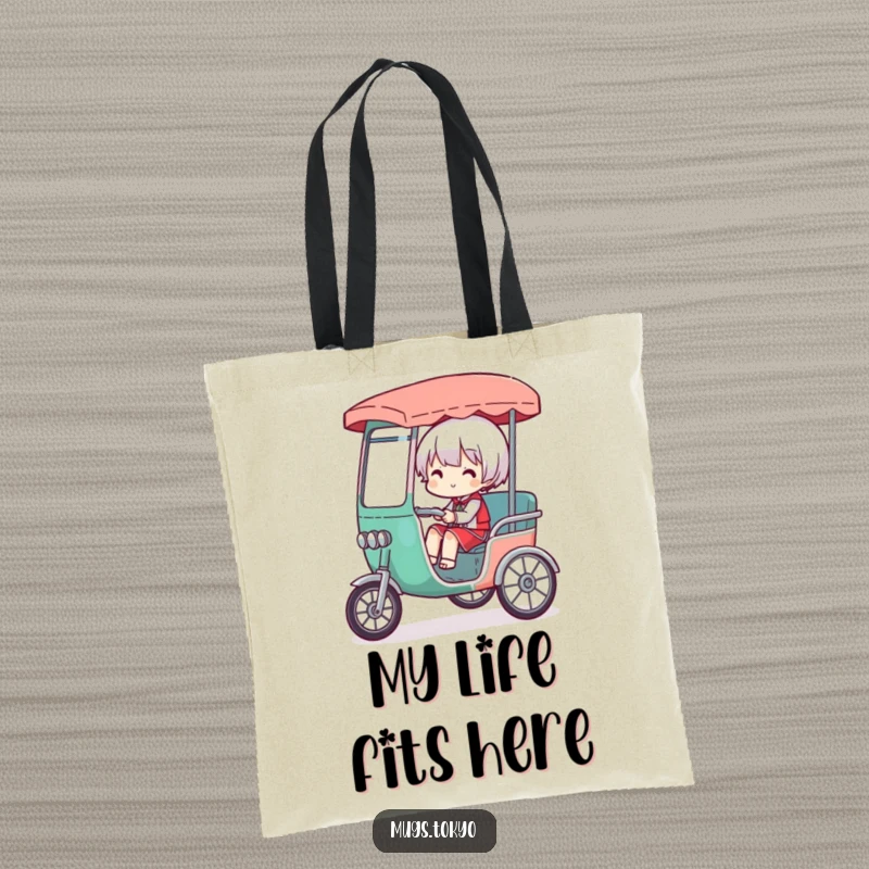 Funny tote bag with a character comically overloaded in a tiny rickshaw, symbolizing the humorous challenge of carrying many things at once.