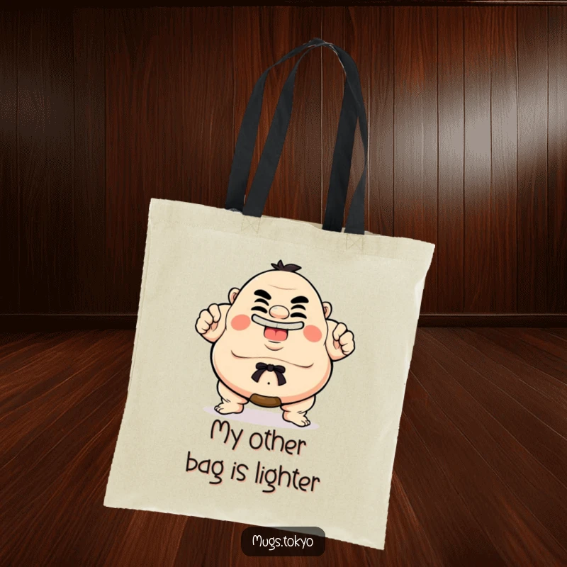 Funny Tote Bag featuring a comical sumo wrestler character in a proud, grinning pose, perfect for shopping and humorous gift-giving.